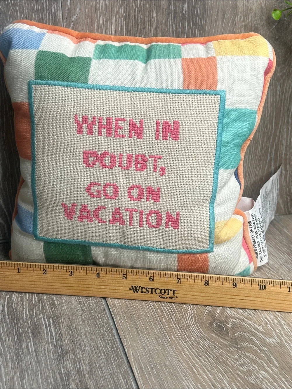Kirkland’s Colorful Plaid Throw Pillow – “When In Doubt, Go On Vacation”